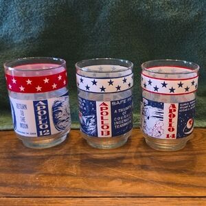 Apollo Space Mission Glass Set with Red and Blue Accents. Apollo 12, 13 And 14.